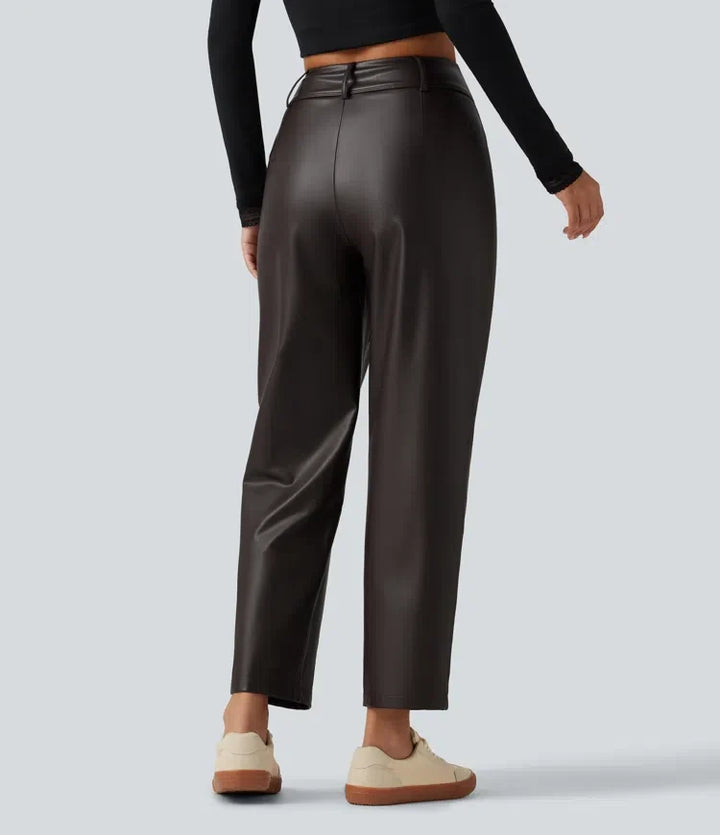 High Waisted Tapered Stretchy PU Fleece Casual Trousers with Pockets