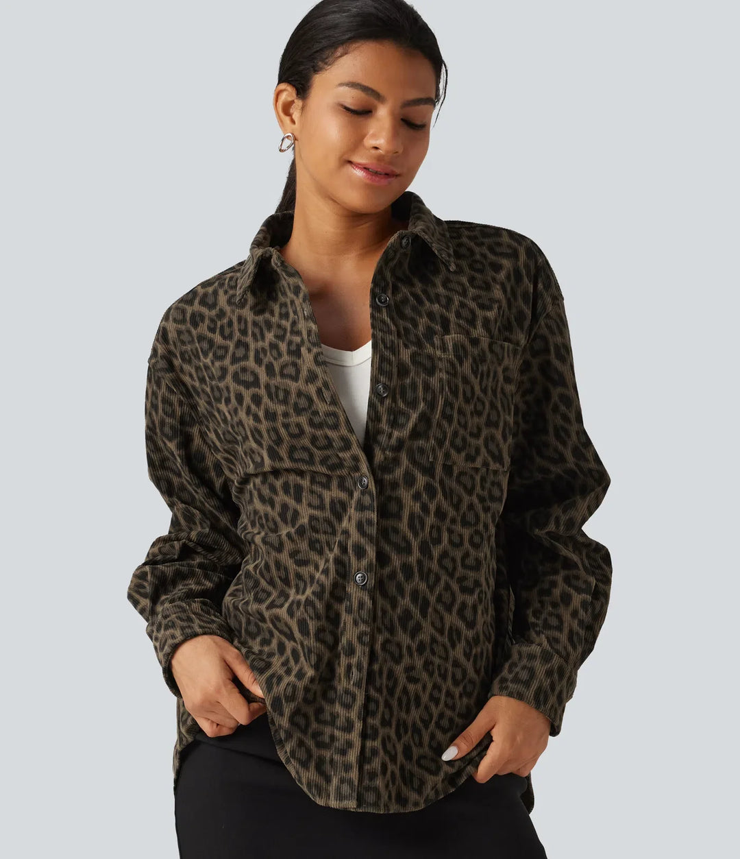 Leopard Print Long Sleeve Corduroy Casual Shirt Jacket with Pocket