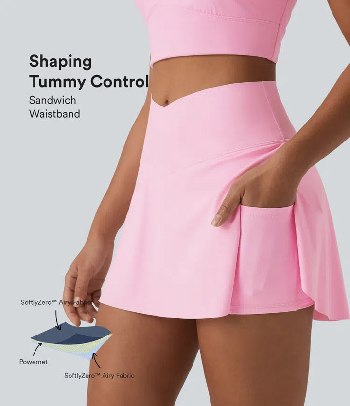 SoftlyZero Airy Crossover Tummy Control 2-in-1 InstantCool Mini Tennis Skirt with Pockets-Lucid