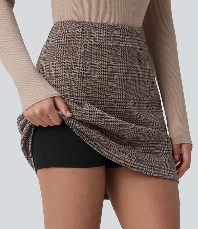 High Waisted 2-in-1 Houndstooth Plaid Mini Work Skirt-Longer Length