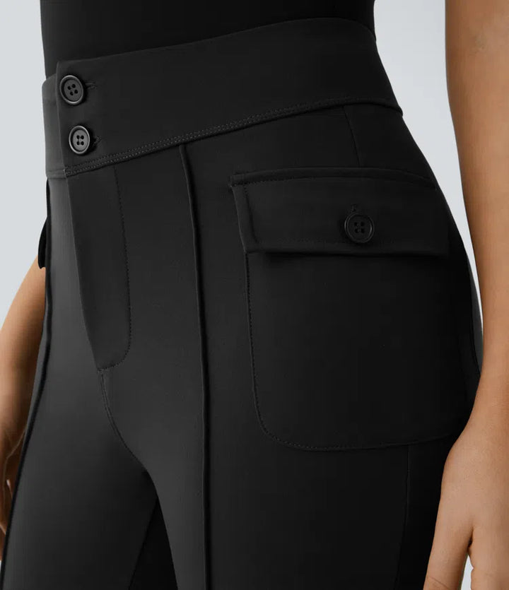 High Waisted Side Flap Pocket Flare Casual Cargo Trousers