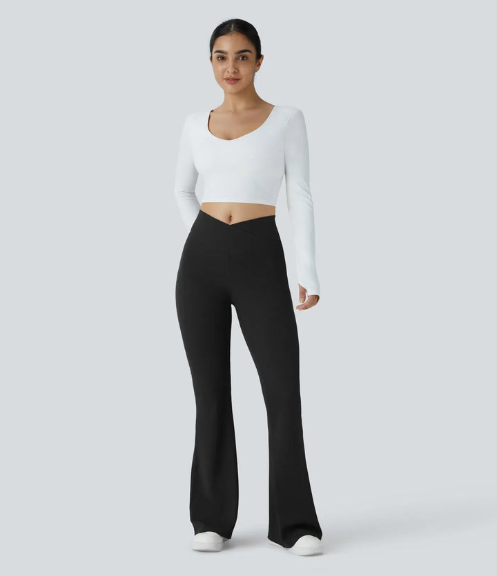Crossover High Waisted Pocket Waffle Casual Flare Trousers
