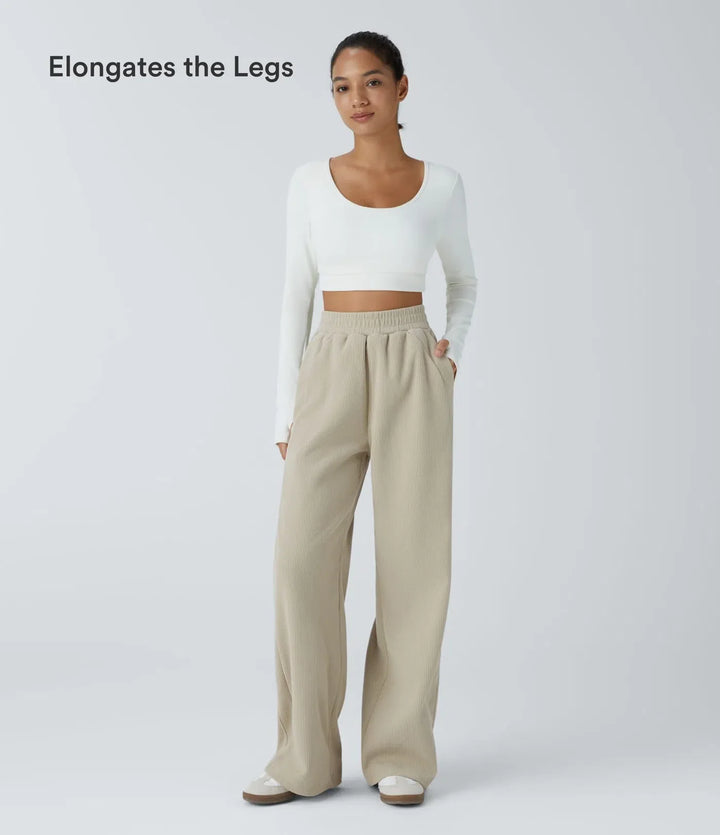High Waisted Pocket Straight Leg Baggy Mop Corduroy Casual Trousers