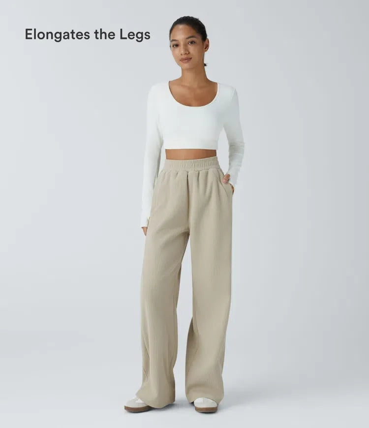High Waisted Pocket Straight Leg Baggy Mop Corduroy Casual Trousers