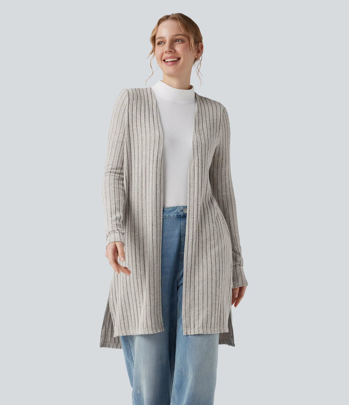 Ribbed Knit Long Sleeve Split Casual Cardigan