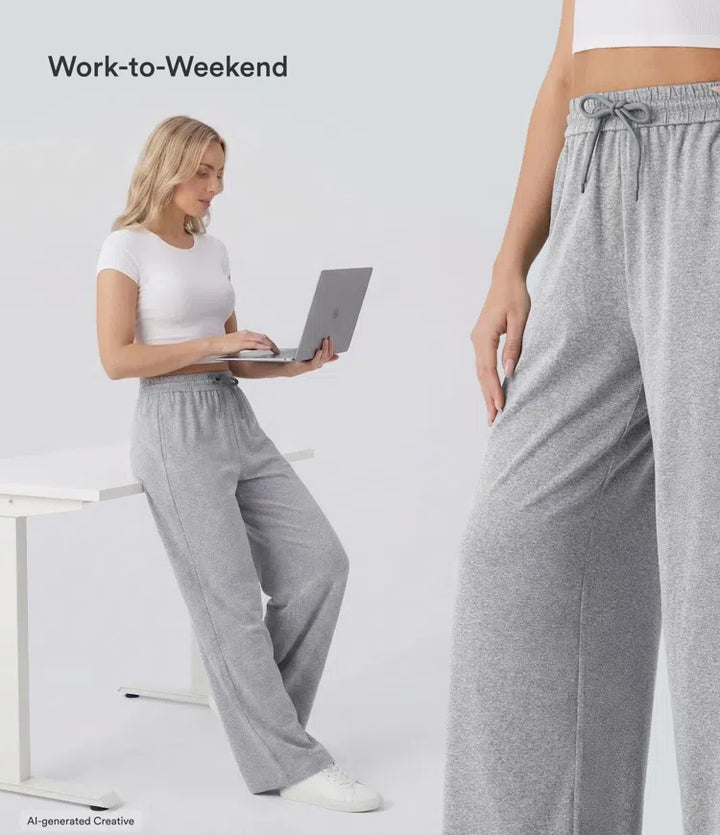 High Waisted Drawstring Pocket Wide Leg Casual Trousers