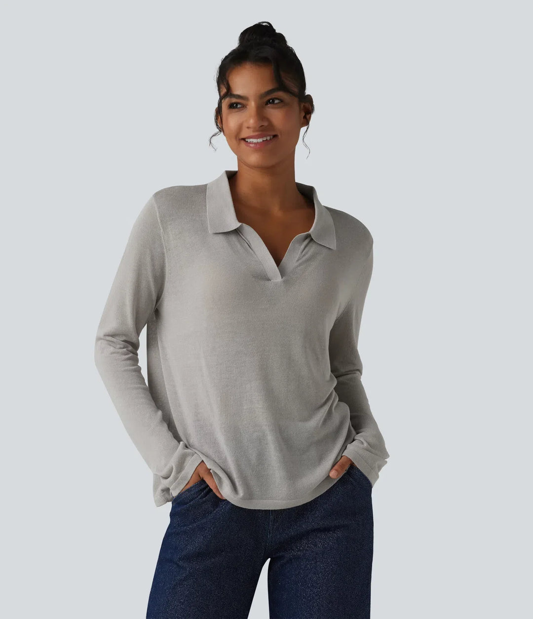 Polo Neck Long Sleeve Lyocell Linen Casual Jumper