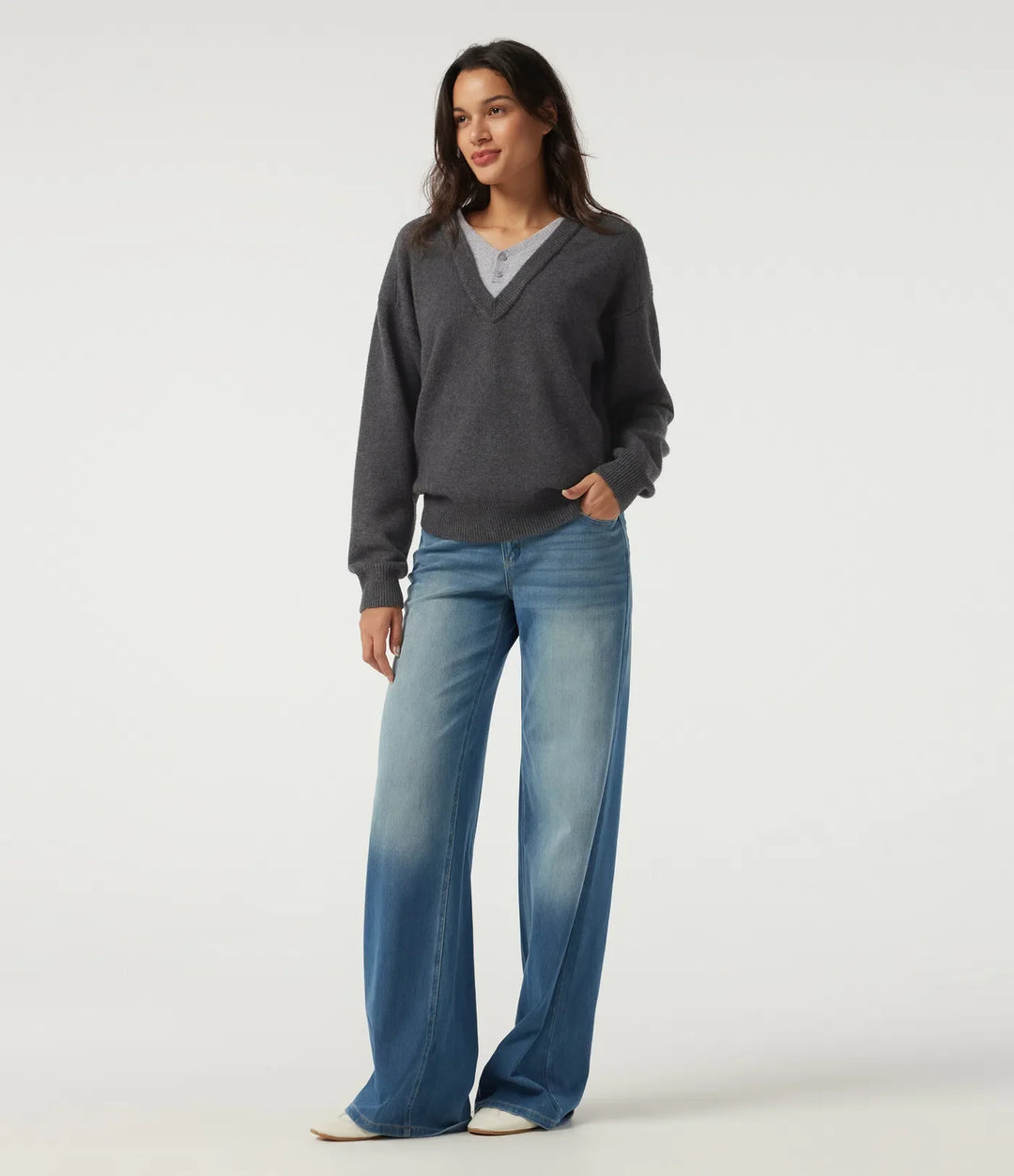 V Neck Dropped Shoulder Long Sleeve 2-in-1 Casual Jumper