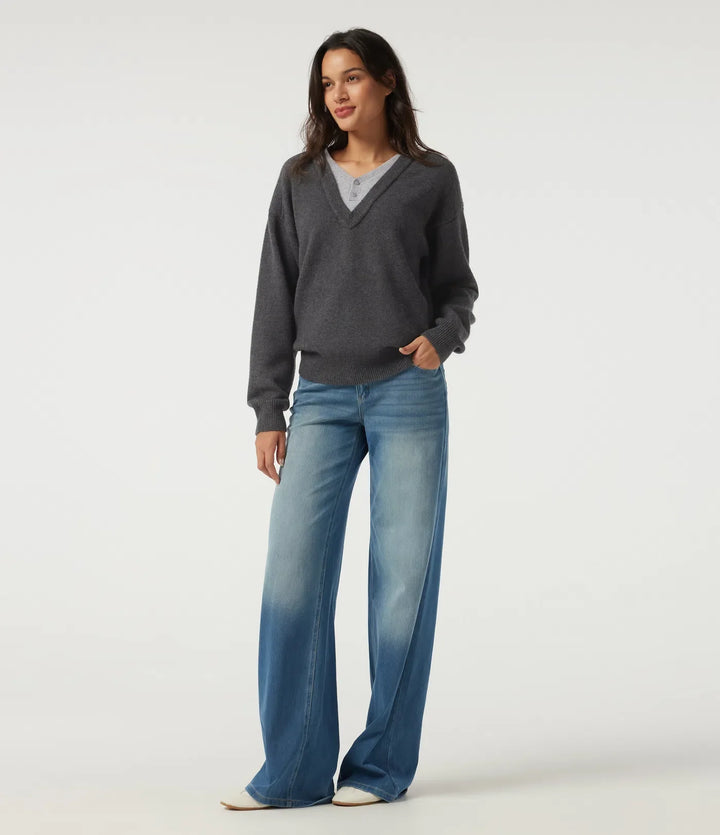 V Neck Dropped Shoulder Long Sleeve 2-in-1 Casual Jumper