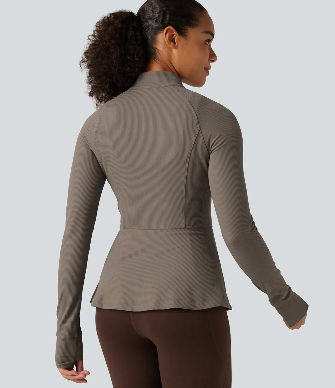 Ribbed Knit Stand Collar Long Sleeve Thumb Hole Yoga Jacket with Pockets