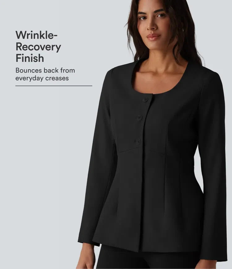 Wrinkle Recovery U Neck Long Sleeve Work Linen-Feel Blazer