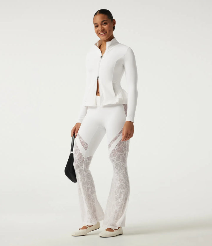 SoftlyZero High Neck Contrast Lace Ruffle Hem Yoga Jacket with Pockets