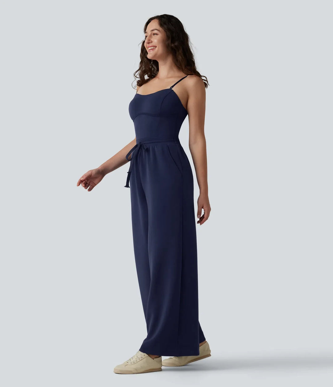 SpacerTek Removable Straps Drawstring Built-in Bra Casual Jumpsuit with Pockets-Easy Peezy