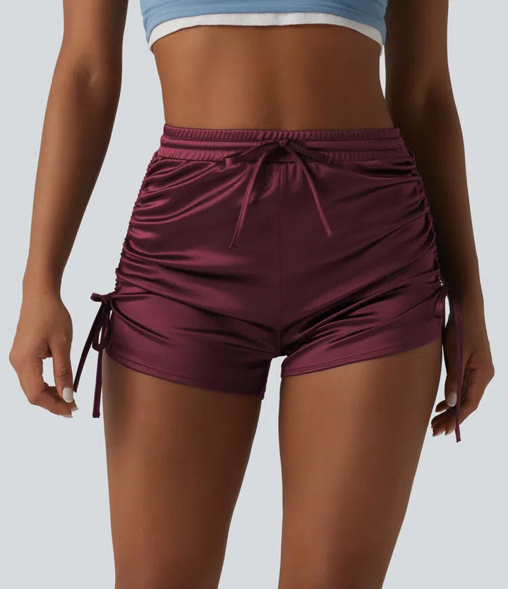 High Waisted Drawstring Ruched Satin Casual Shorts with Pocket