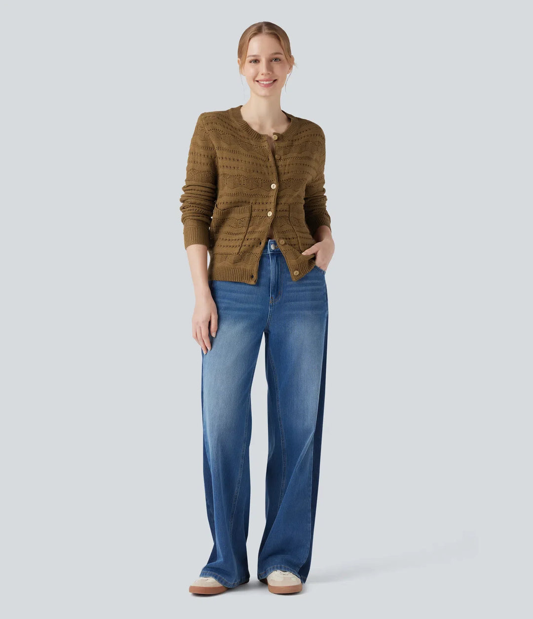 Round Neck Long Sleeve Button Fly Hollow Out Work Cardigan with Pockets
