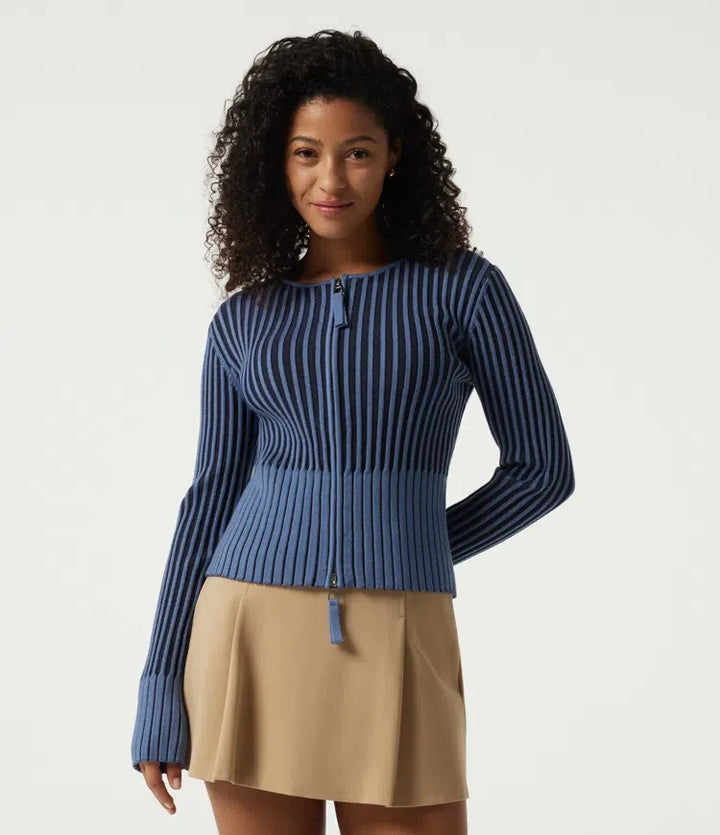 Ribbed Knit Round Neck Long Sleeve Slim Work Cardigan