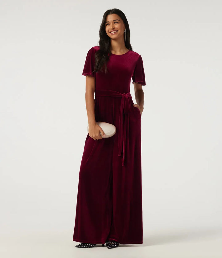 Round Neck Flounce Short Sleeve Keyhole Back Tie Front Velvet Party Jumpsuit with Pockets -Easy Peezy Edition