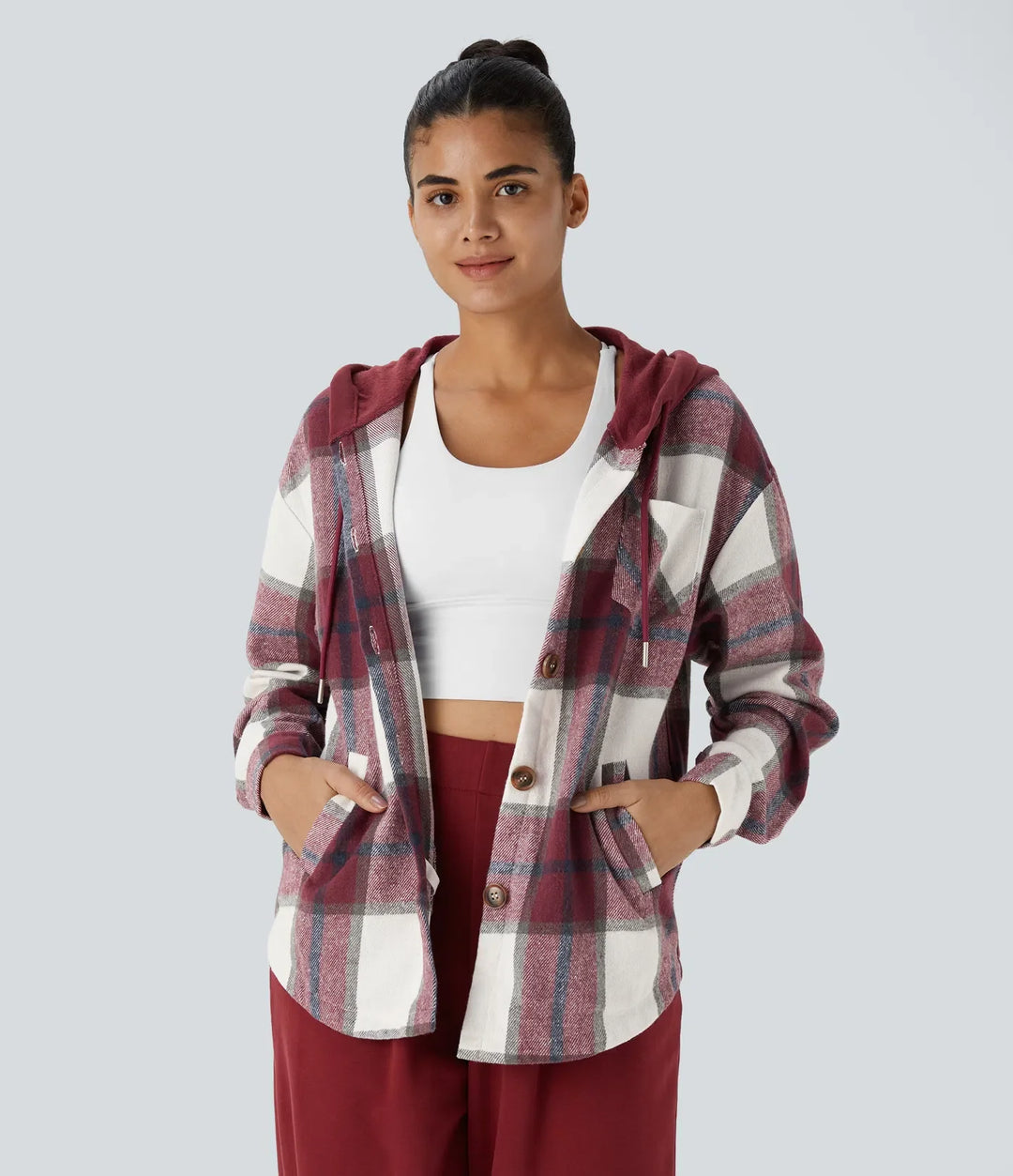 Hooded Drawstring Pocket Plaid Thermal Casual Jacket