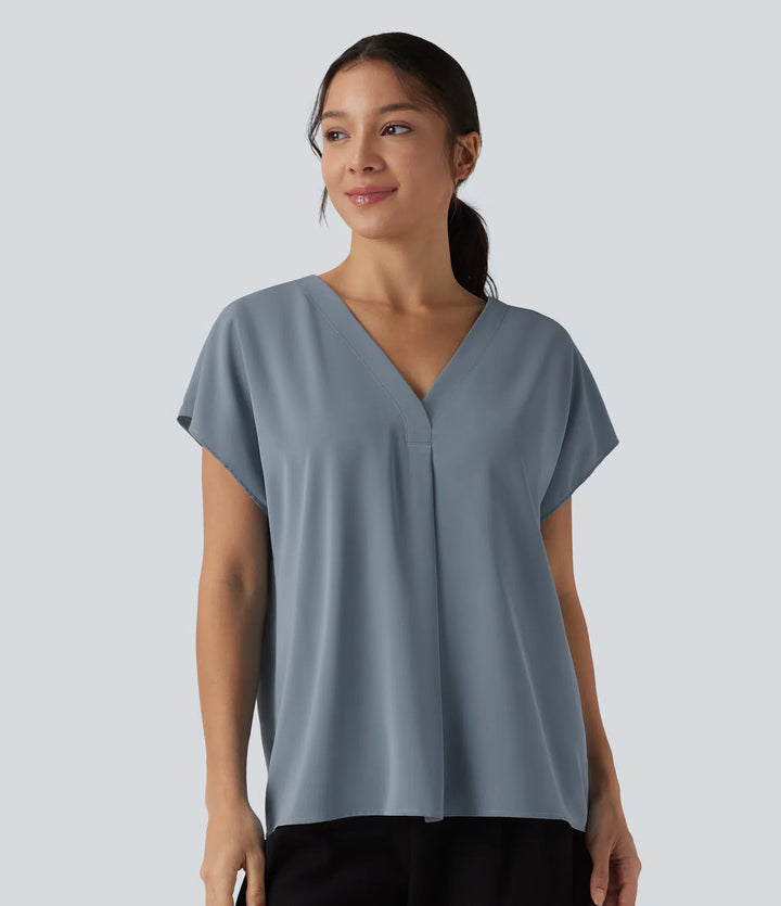 Wrinkle Recovery V-neck Short Sleeve Oversized Work Blouse