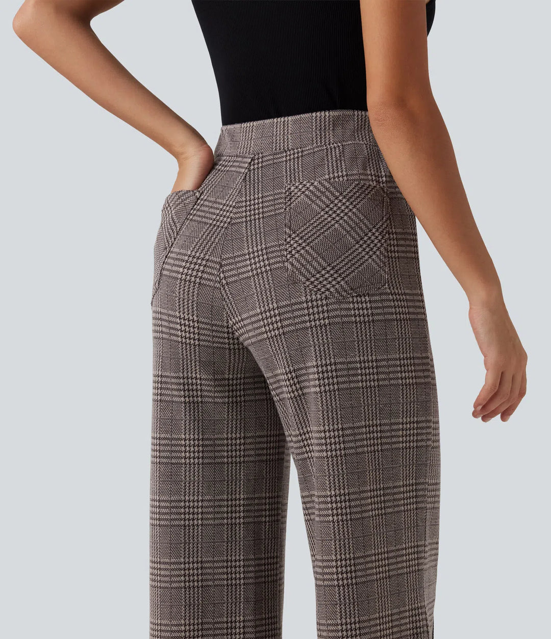 High Waisted Wide Leg Plaid Casual Trousers with Pockets