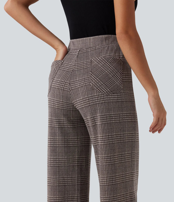High Waisted Wide Leg Plaid Casual Trousers with Pockets