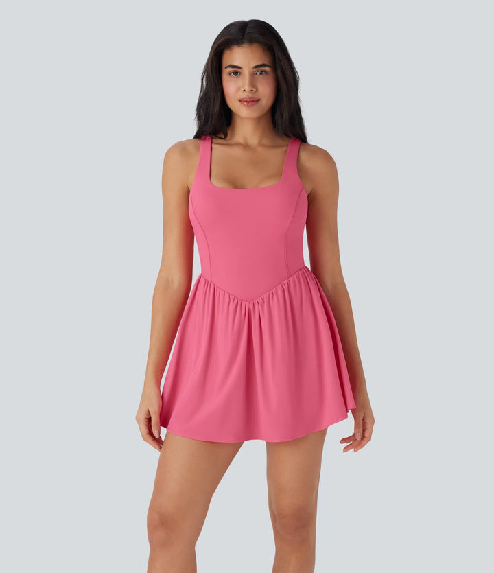Breezeful Backless Tie Back 2-in-1 Quick Dry Mini Dance Active Dress with Side Pocket-Easy Peezy Edition