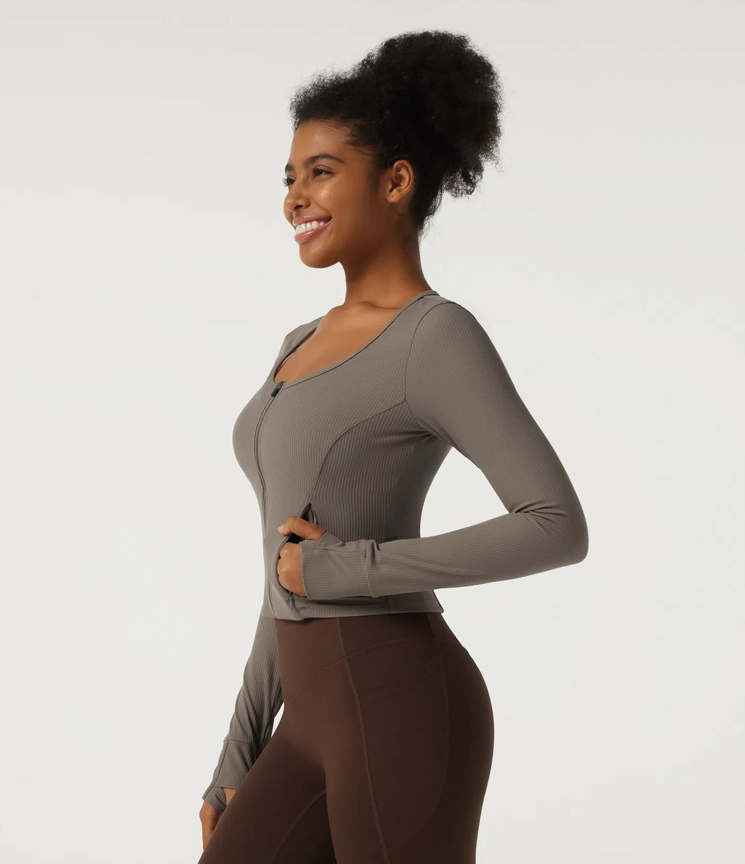 Ribbed Knit Round Neck Long Sleeve Yoga Track Jacket with Pockets and ThumbHoles