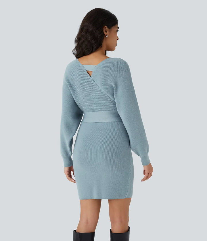 Crossover V Neck  Batwing Long Sleeve Belted Mini Casual Jumper Dress