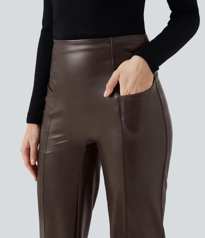High Waisted Tummy Control Stretchy PU Fleece Casual Flare Trousers with Pockets