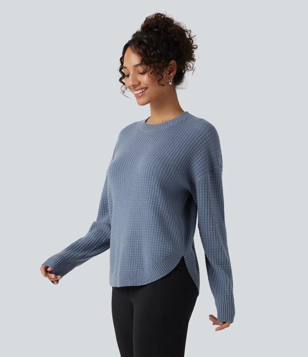 Round Neck Long Sleeve Curved Hem Work Jumper