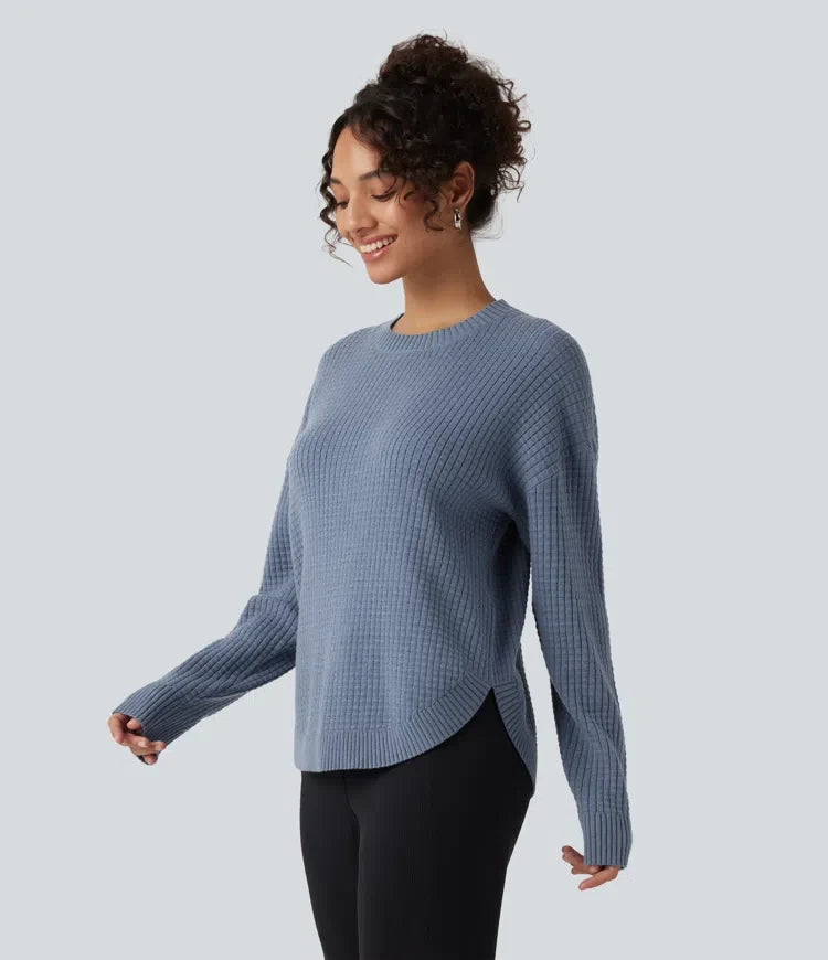 Round Neck Long Sleeve Curved Hem Work Jumper