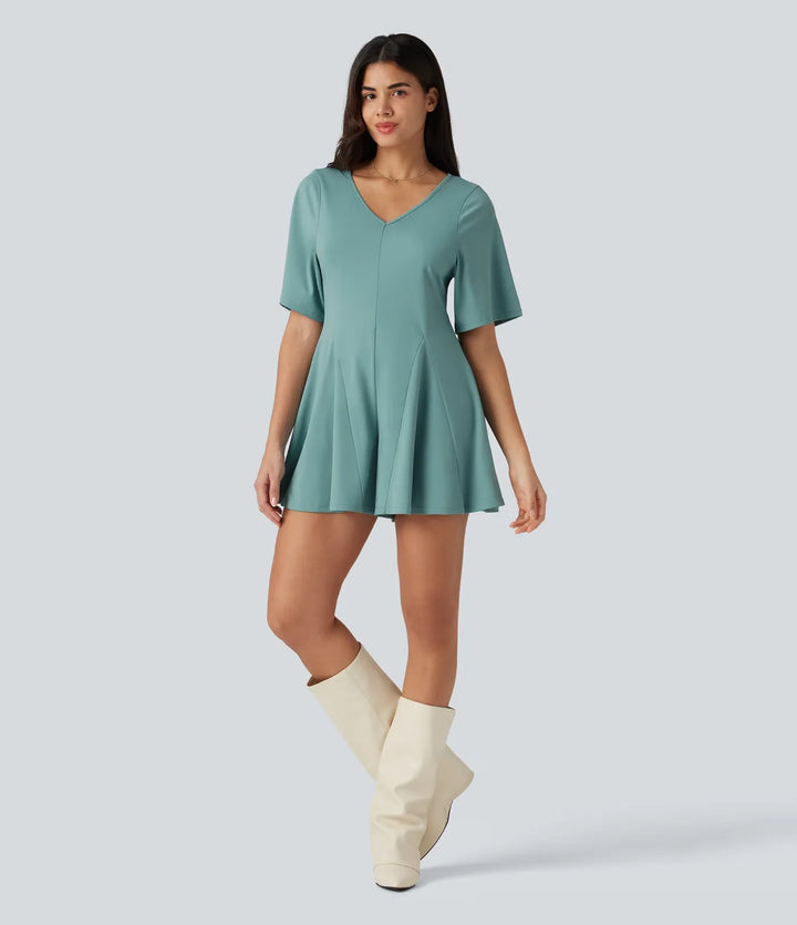 V Neck Short Sleeve Keyhole Back Casual Romper