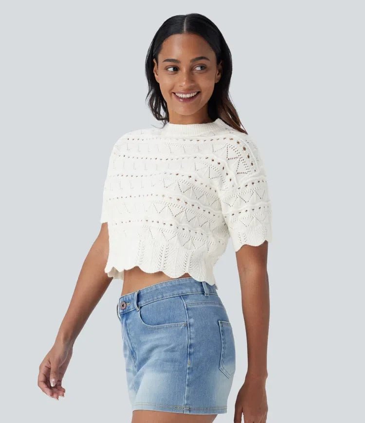Round Neck Short Sleeve Scallop Hem Open Knit Casual Jumper