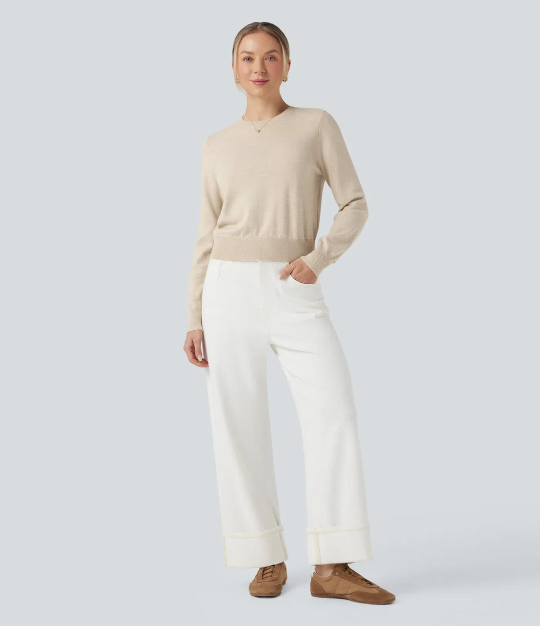 Round Neck Long Sleeve Wool-Blend Work Jumper