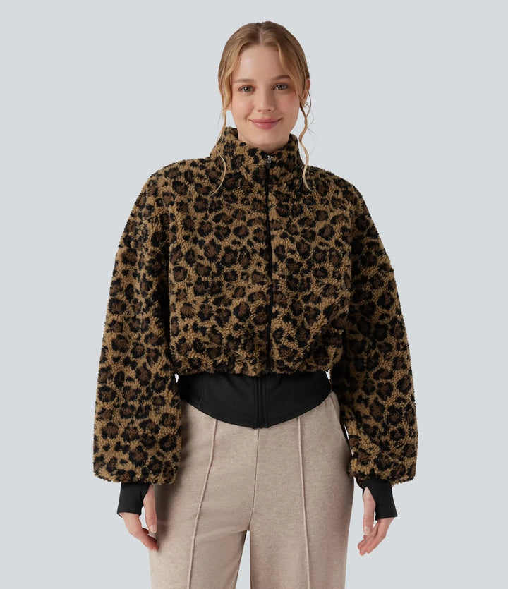 3-in-1 Stand Collar Long Sleeve Thumb Holes Jacket &amp; Drawstring Hem Sherpa Jacket with Pockets