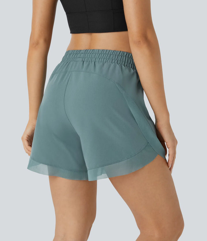 Mid Rise Drawstring Contrast Mesh 2-in-1 Flowy Running Shorts 5&