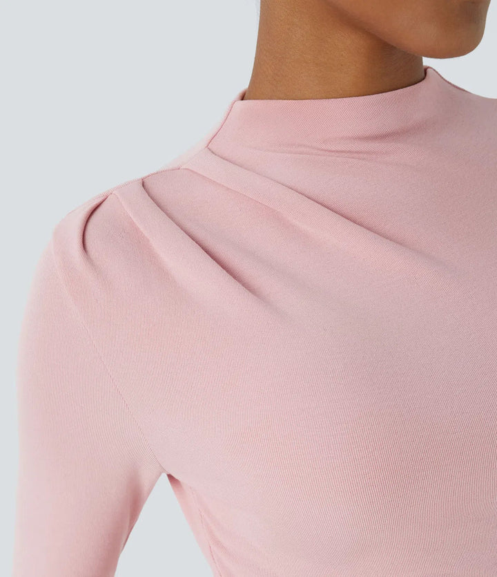 Funnel Neck Long Sleeve Ruched Skinny Thermal Casual Top