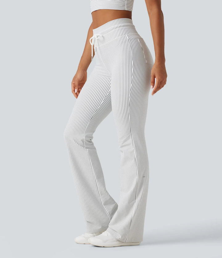 High Waisted Drawstring Stripe Flare Yoga Trousers with Pockets