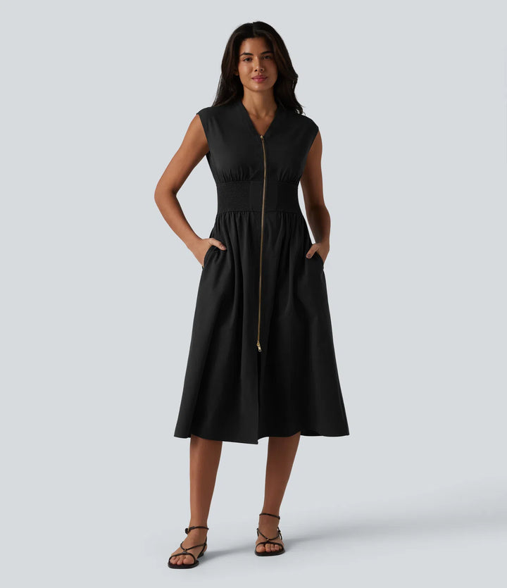 V Neck Sleeveless 2-Way Zipper Midi Work Dress with Pockets