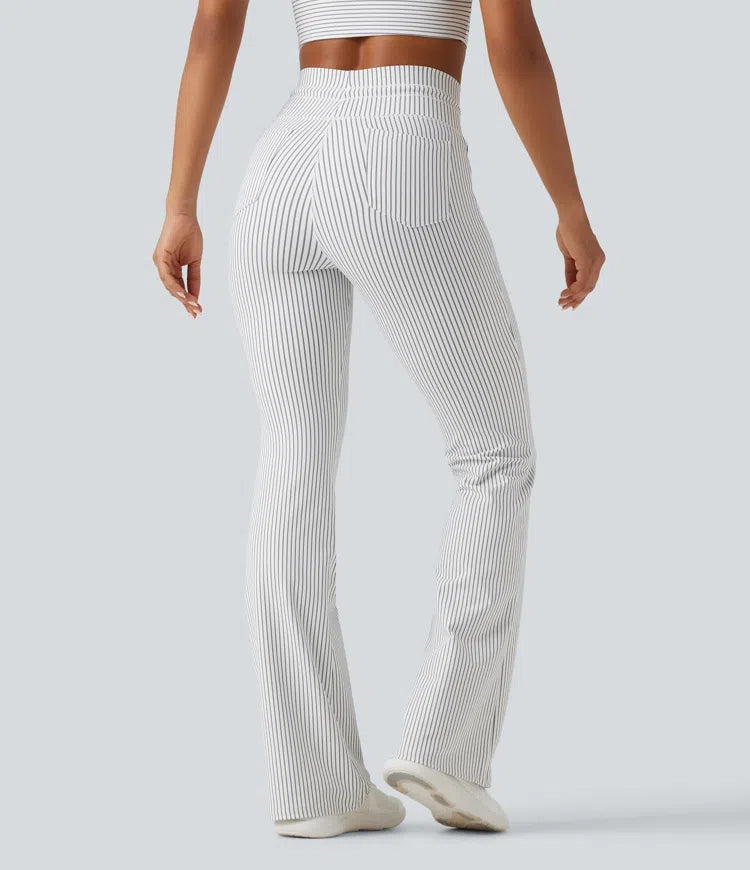 High Waisted Drawstring Stripe Flare Yoga Trousers with Pockets
