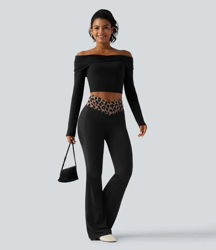 Halara UltraSculpt Leopard Print High Waisted Crossover InstantCool Casual Flare Trousers with Pockets