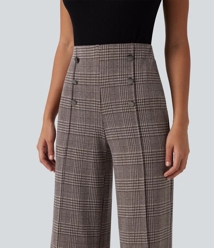 High Waisted Wide Leg Plaid Casual Trousers with Pockets