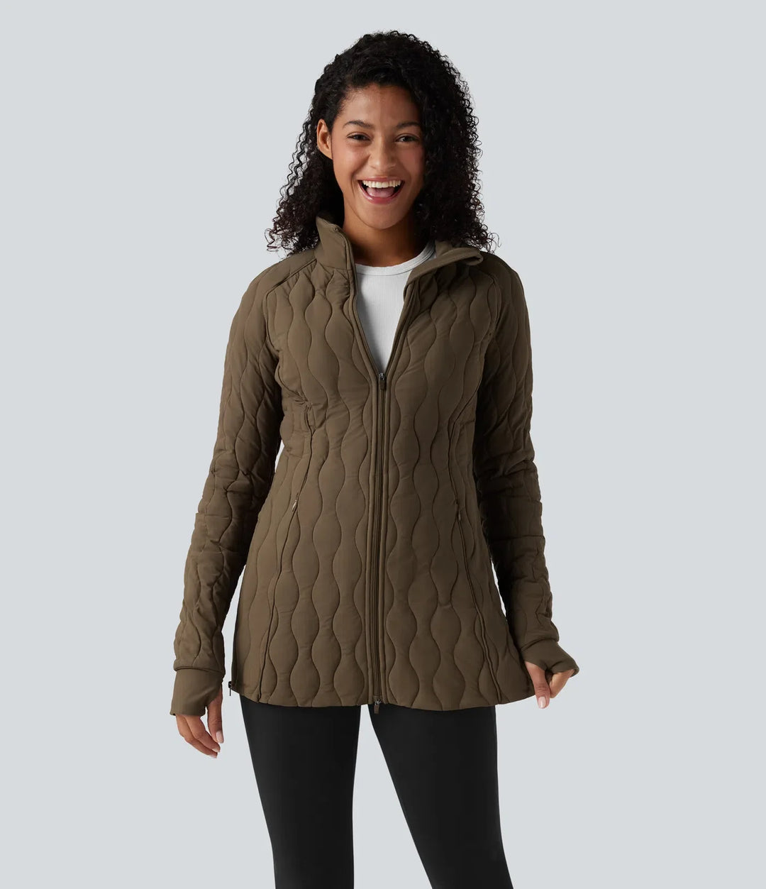 PuffFlex High Neck Long Sleeve Thumb Hole Zipper Workout Quilted Jacket with Pockets