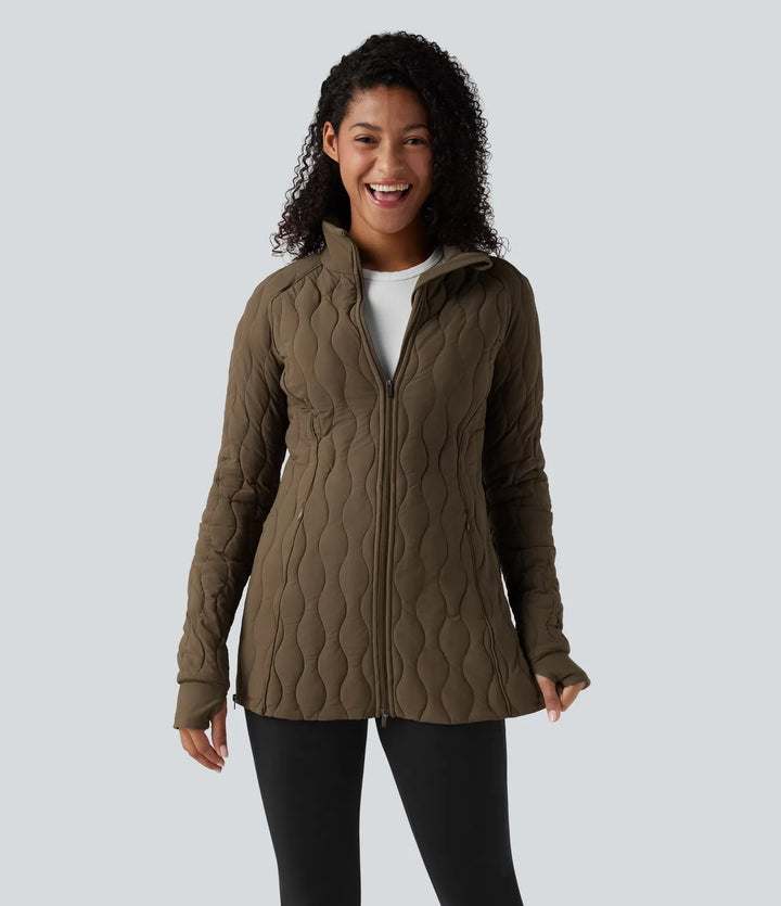 PuffFlex High Neck Long Sleeve Thumb Hole Zipper Workout Quilted Jacket with Pockets
