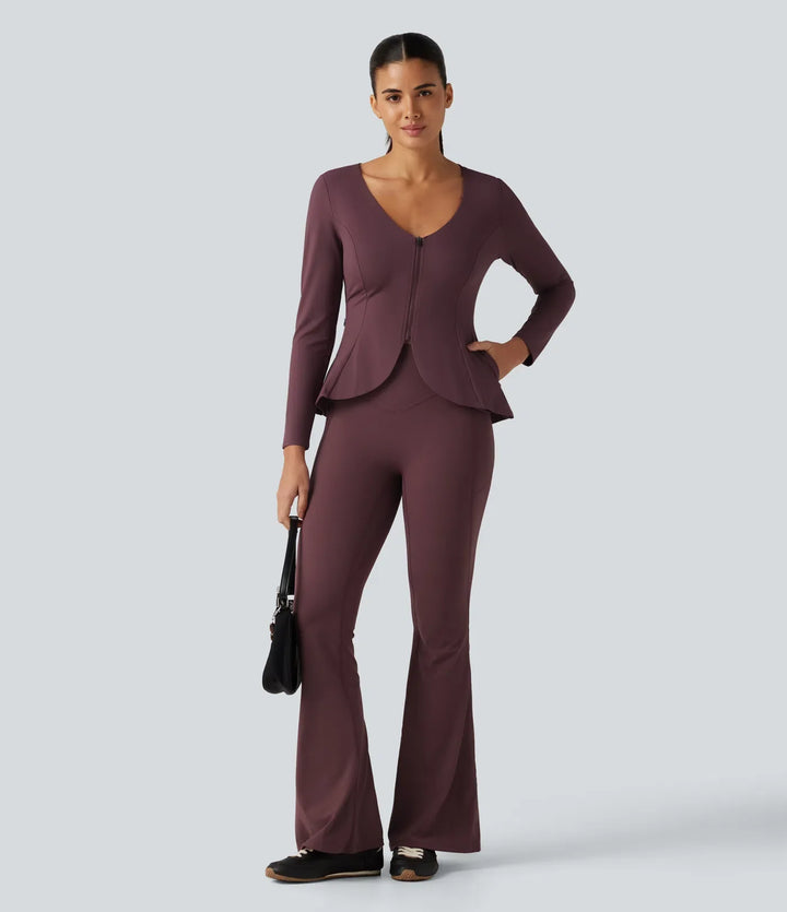 SoftlyZero Plush V Neck Long Sleeve Slim Ruffle Hem Yoga Jacket with Pockets