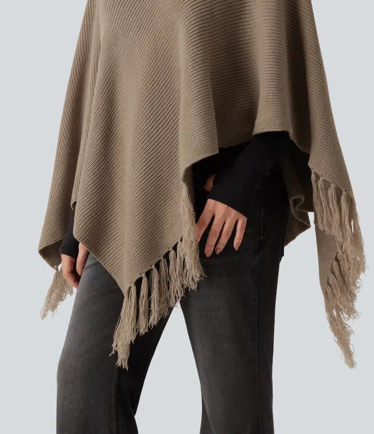 Boat Neck Fringe Poncho Cape Casual Jumper