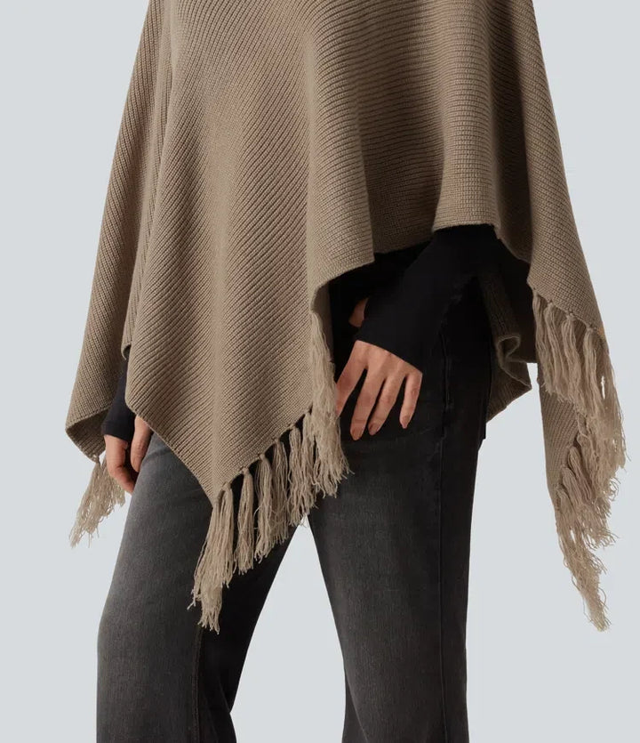 Boat Neck Fringe Poncho Cape Casual Jumper
