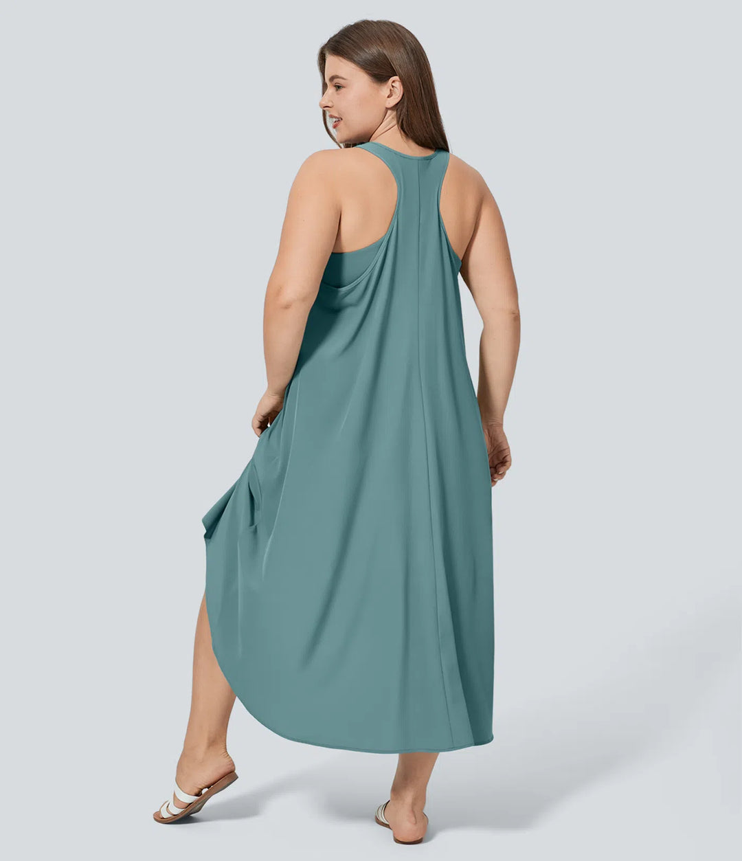 Breezeful Backless Racerback Side Pocket High Low Flowy Midi Quick Dry Casual Plus Size Dress