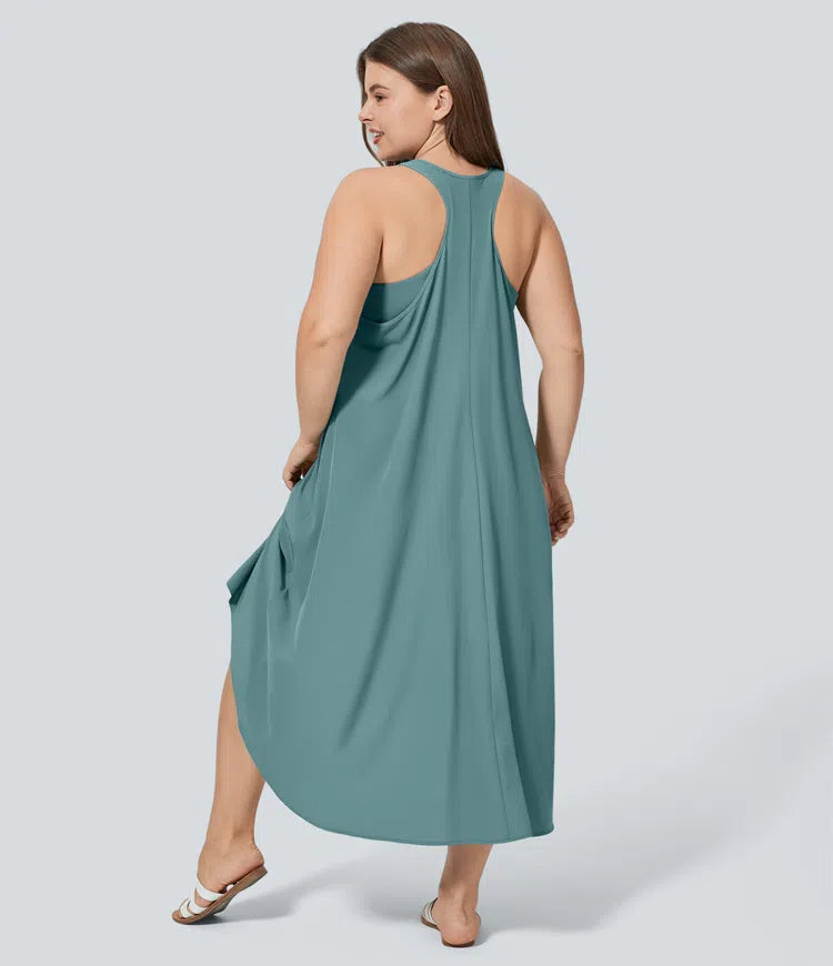 Breezeful Backless Racerback Side Pocket High Low Flowy Midi Quick Dry Casual Plus Size Dress
