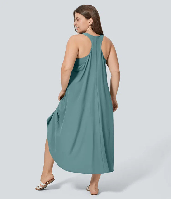 Breezeful Backless Racerback Side Pocket High Low Flowy Midi Quick Dry Casual Plus Size Dress